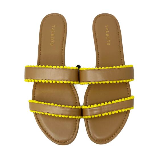 NEW Talbots Yellow Pom Pom Slide Sandals Tan Vegan Leather sz 11 M - Picture 2 of 9